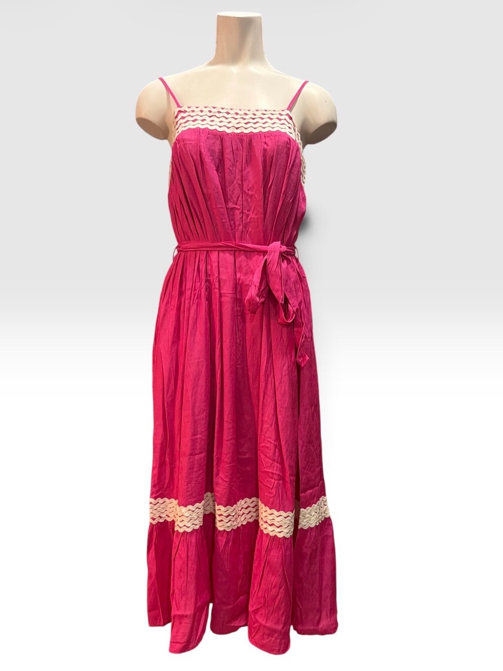 Entro Bright Pink Spaghetti-Strap Maxi Dress with Lace Trim
